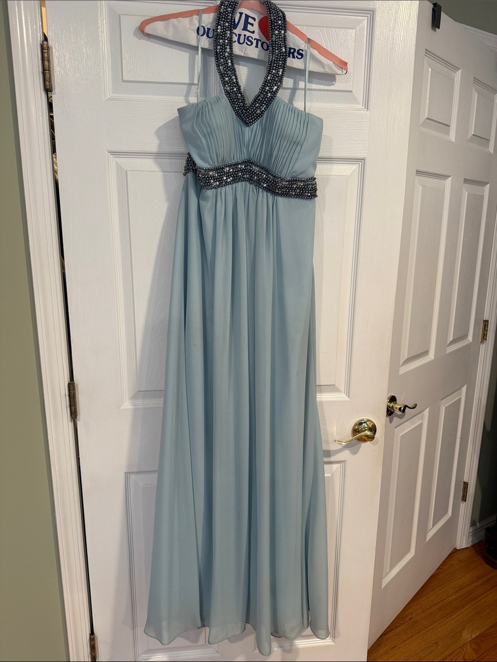 Light Blue Beaded Halter Chiffon Maxi Dress